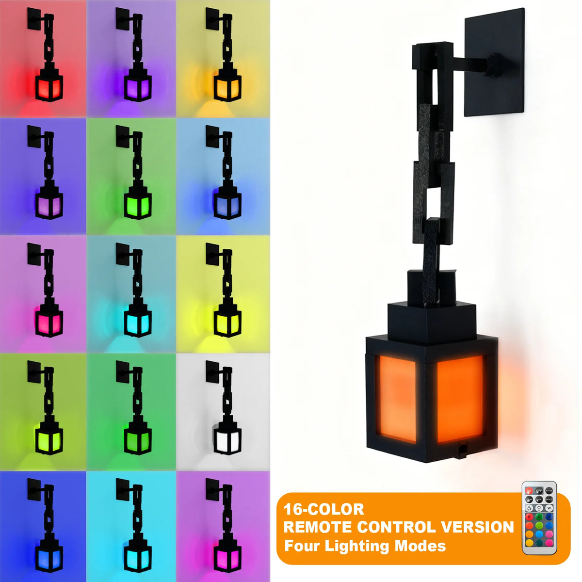 A black pixel style RGB night light lantern with multiple lighting modes and a remote control.