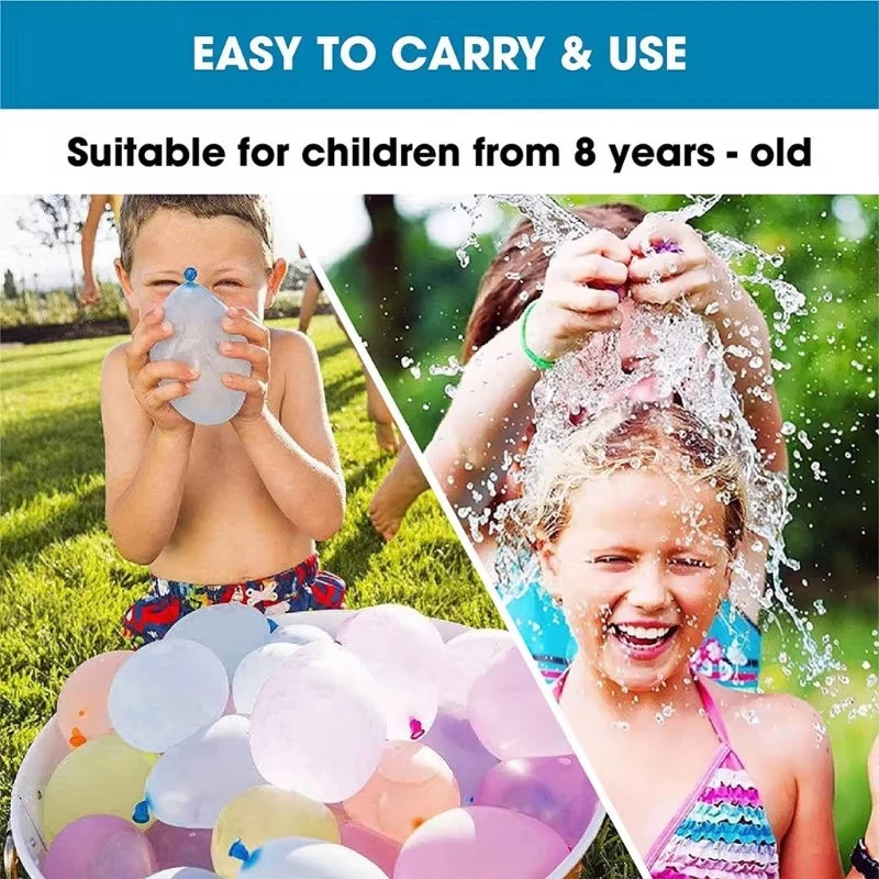 A child is filling a water balloon with an automatic filler, while another child is splashing water on their head.