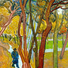 A painting featuring tall trees with reddish trunks and green foliage, with a person walking on a path.
