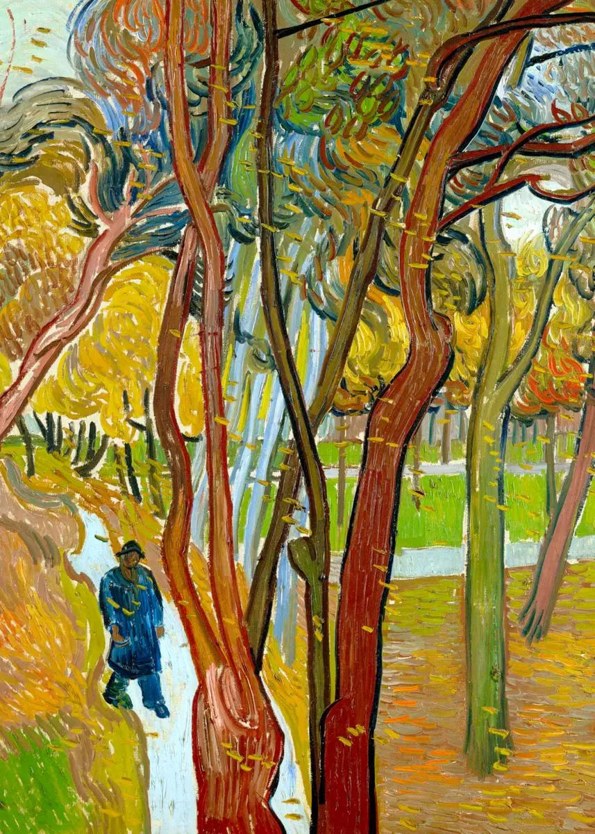 A painting featuring tall trees with reddish trunks and green foliage, with a person walking on a path.