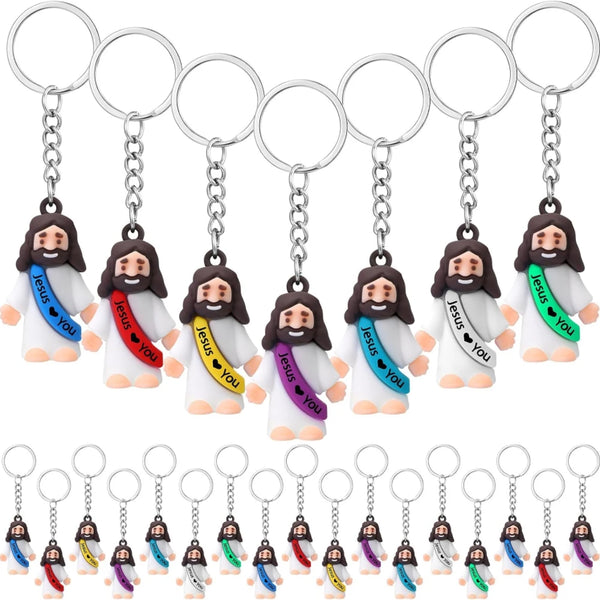 Un juego de seis llaveros mini de acero inoxidable con el dije 'Jesus Loves You'.