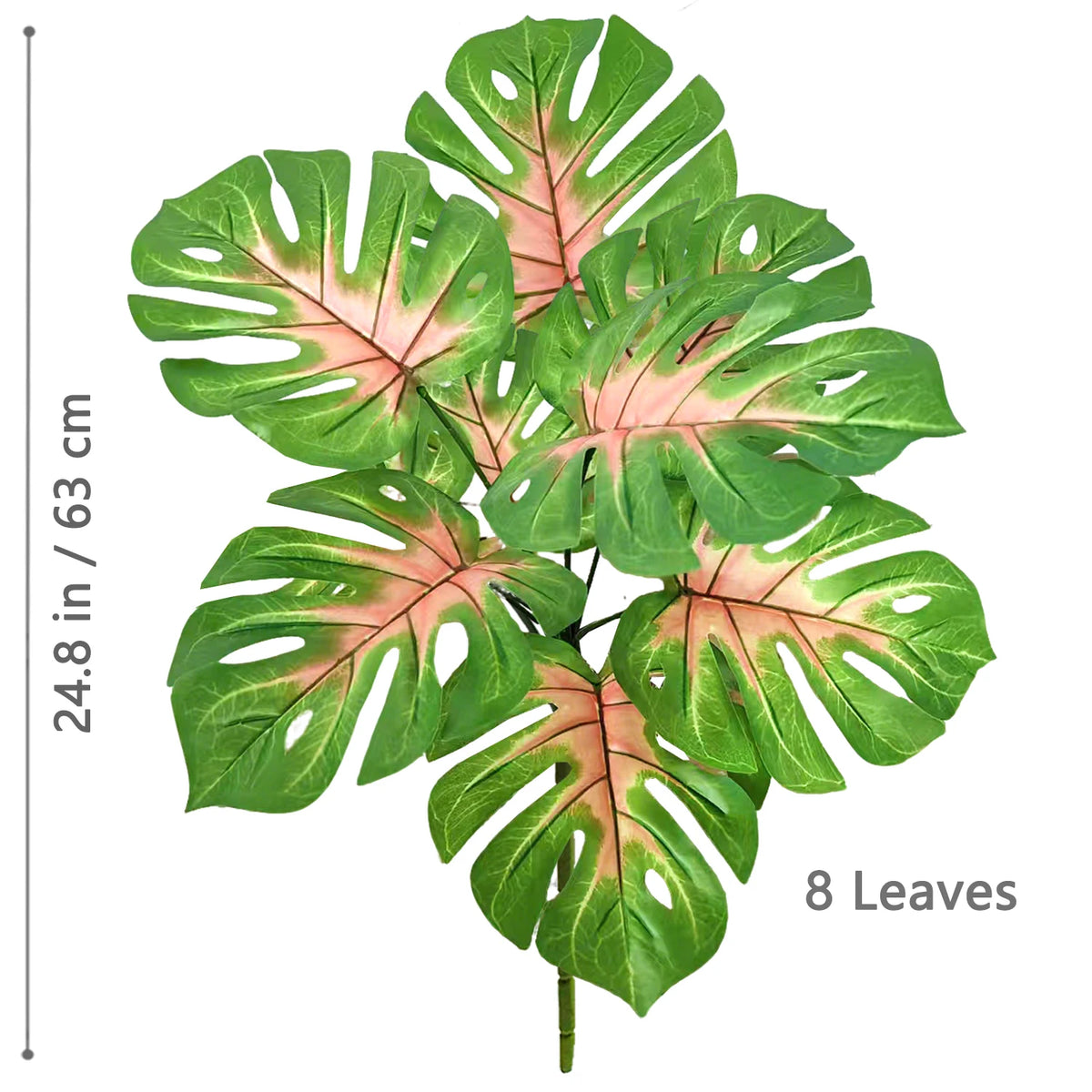 Artificial Monstera plant with eight green silk leaves showing pink veining.