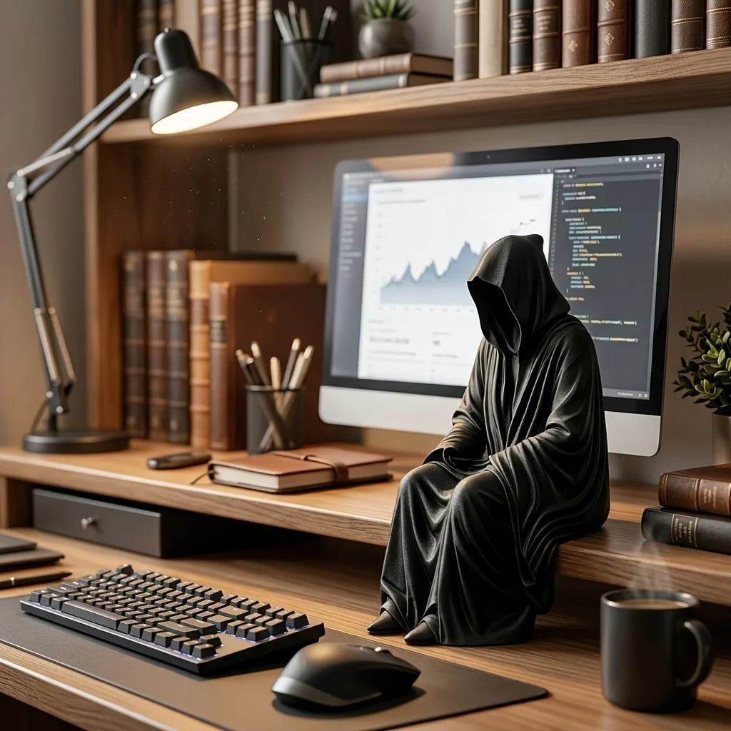 A dark hooded figure sits next to a laptop on a wooden desk with books and office supplies in the background.