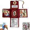 Handcrafted pocket devotional with a cross-shaped pouch featuring religious imagery on a red fabric background.