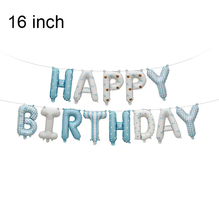 A banner made of foil letter balloons spelling out HAPPY BIRTHDAY in pink and blue colors.