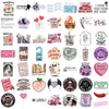 A collection of romantic reading stickers and book-themed decor items for various products.