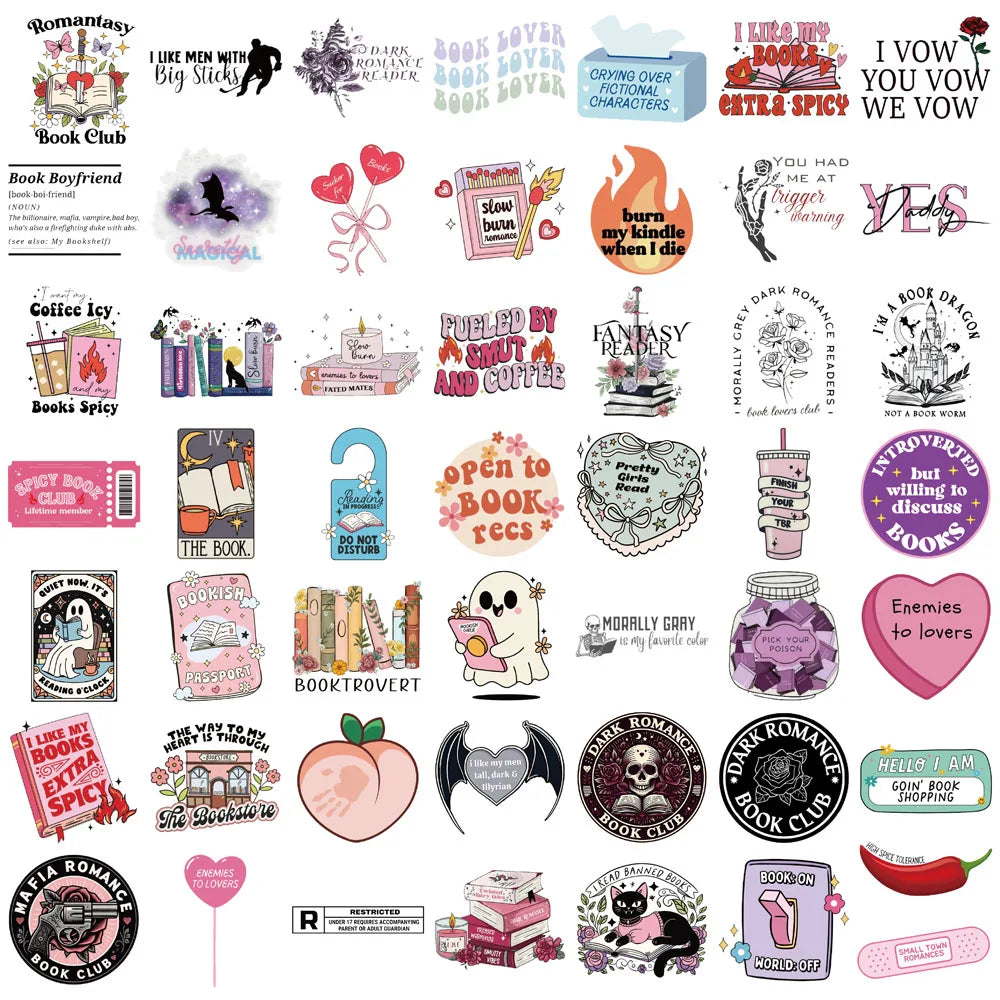 A collection of romantic reading stickers and book-themed decor items for various products.