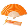 Orange silk wedding hand fans with bamboo frames shown in a fan shape and laid flat.