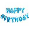 A set of blue foil letter balloons spelling out HAPPY BIRTHDAY for party decoration