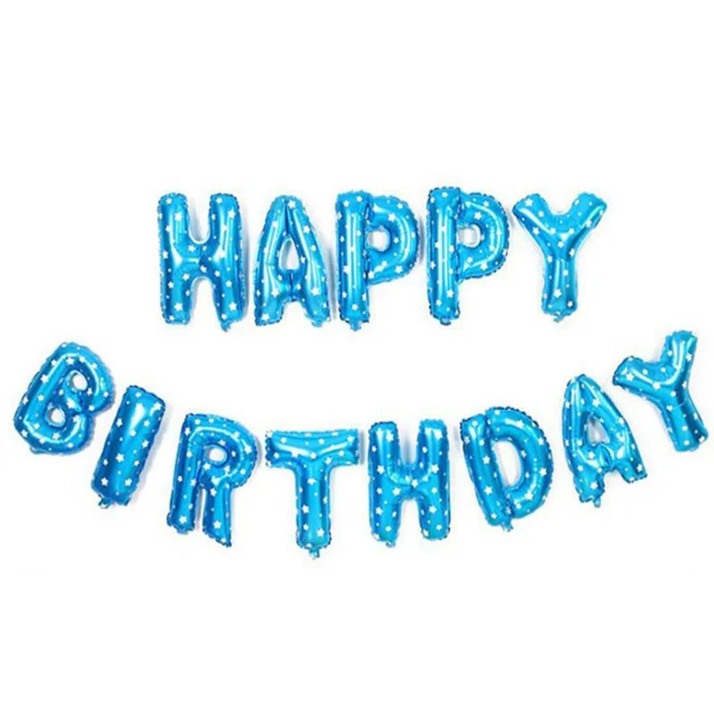 A set of blue foil letter balloons spelling out HAPPY BIRTHDAY for party decoration