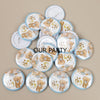 A collection of light blue and white pin badges featuring cartoon bears for a baby boy gender reveal or baby shower party.