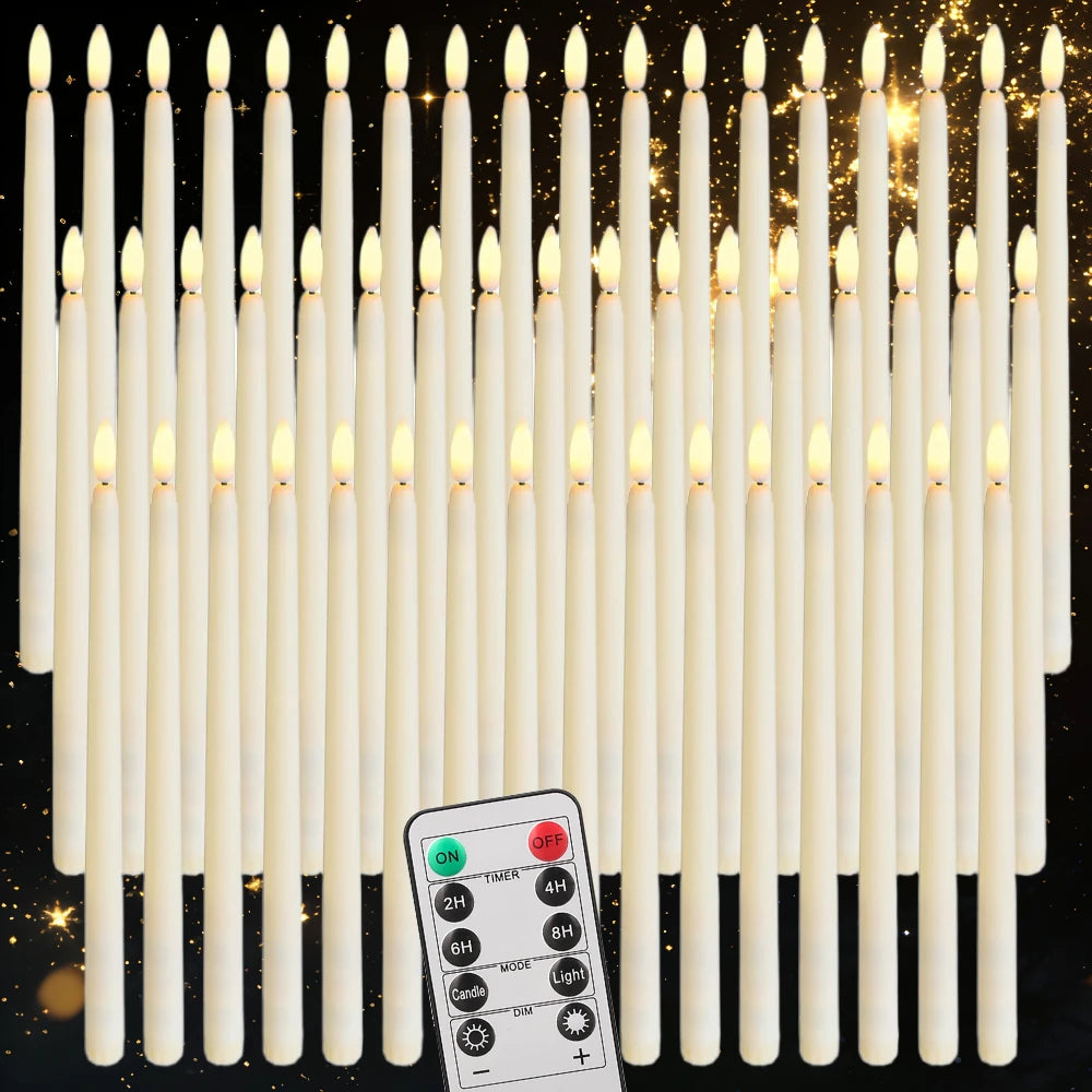 A vertical arrangement of white LED taper candles with a remote control and timer visible against a dark background.
