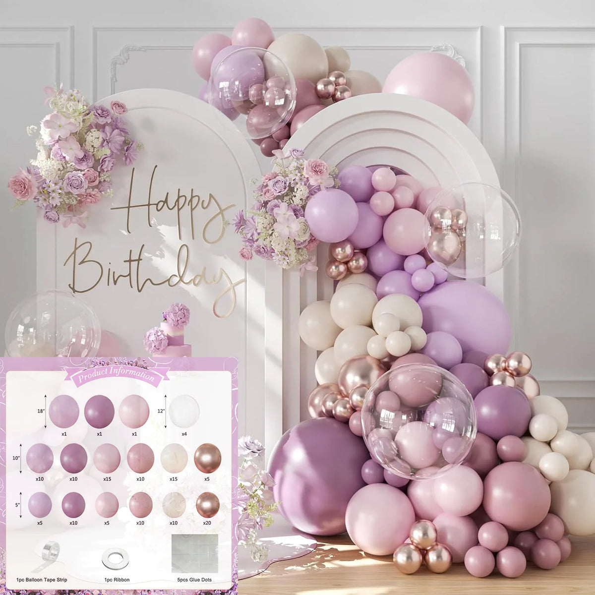 Pink latex balloon arch kit featuring various shades of pink and purple balloons for weddings and celebrations