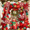 A festive balloon decoration set featuring red, gold, and green balloons arranged in a Christmas wreath display.