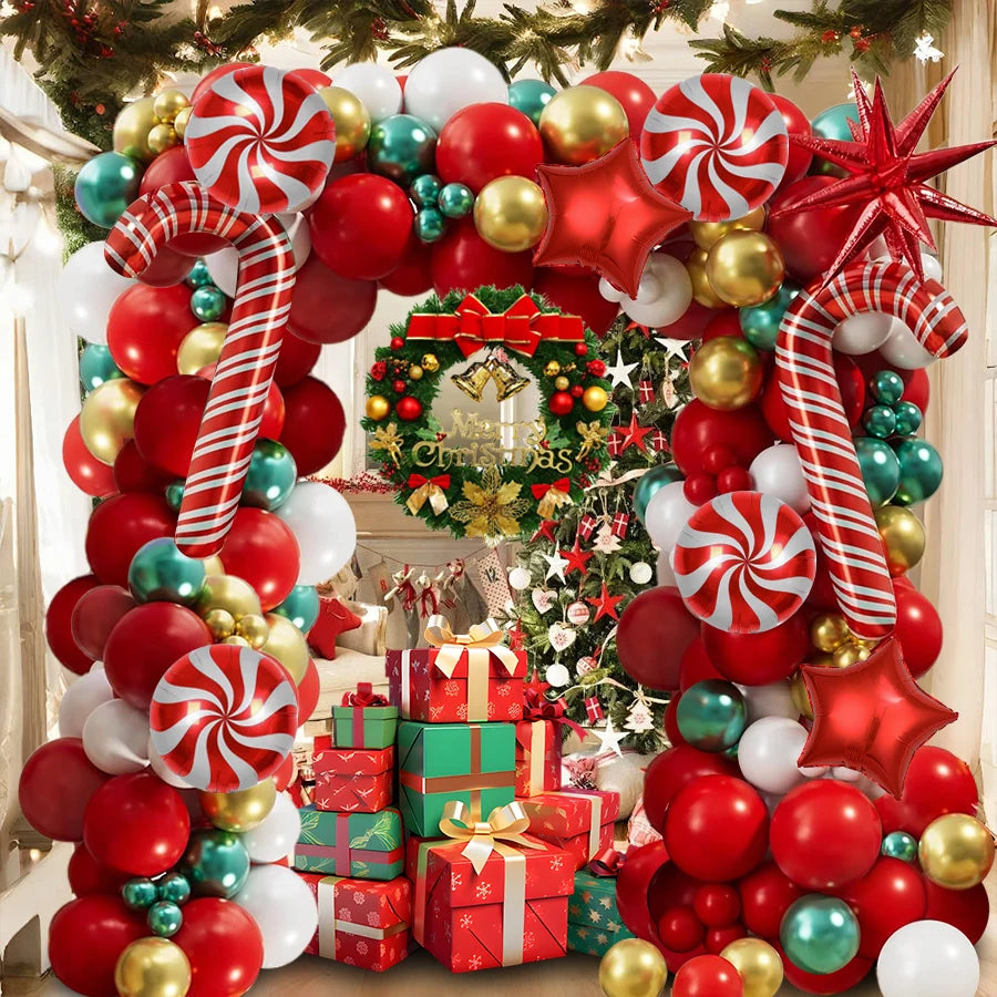 A festive balloon decoration set featuring red, gold, and green balloons arranged in a Christmas wreath display.