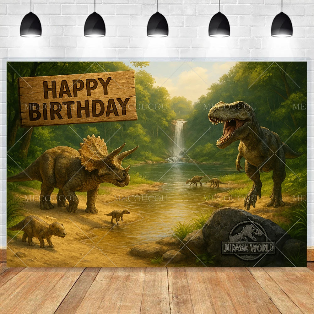 A painting featuring dinosaurs and a wooden sign that reads Happy Birthday.