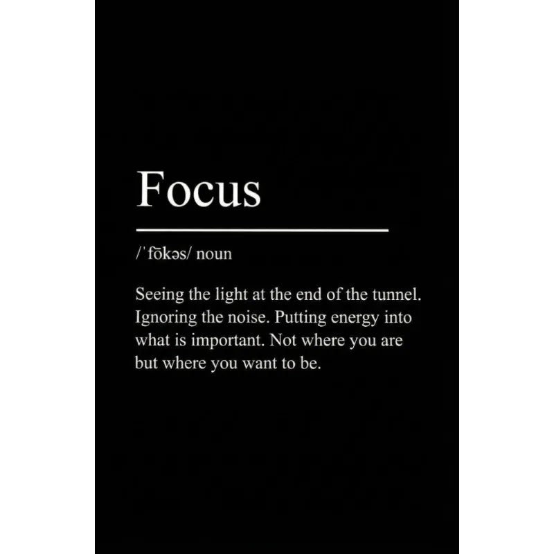 A black canvas wall art design with the title Focus and a definition of the word.