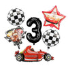 A set of birthday racing car party decorations including a star, a number three balloon, and a racing car model.