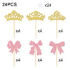 A set of 24 gold glitter crown and bow cupcake toppers on wooden sticks.
