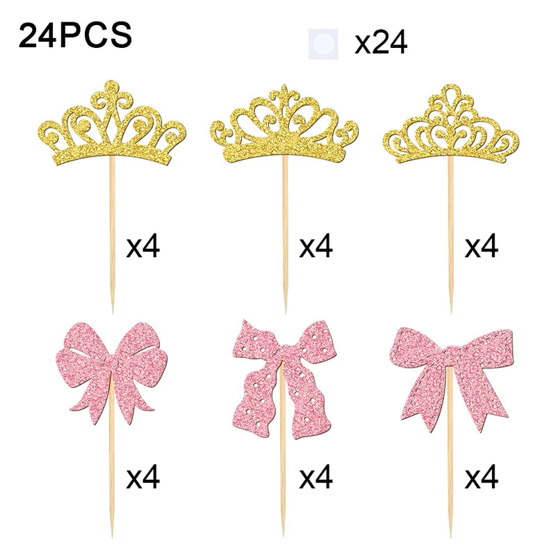 A set of 24 gold glitter crown and bow cupcake toppers on wooden sticks.