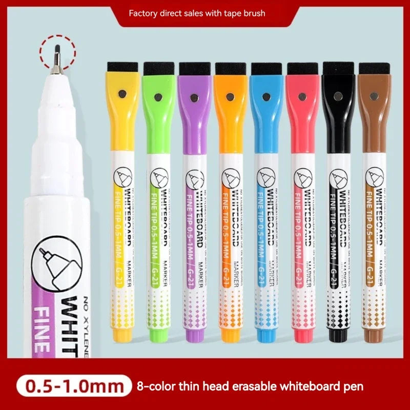 Eight white board pens with thin heads in various colors and sizes are displayed next to a marker tip.