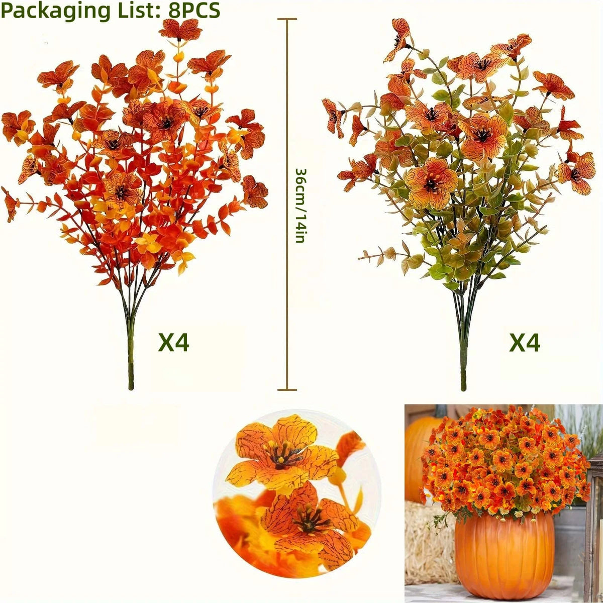 Artificial autumn floral decorations featuring orange and yellow flowers on green stems.