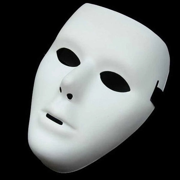 A white performance mask with a smooth, featureless face is shown against a black background.