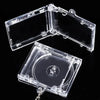 A clear plastic case containing a mini transparent CD keychain, shown open and closed.
