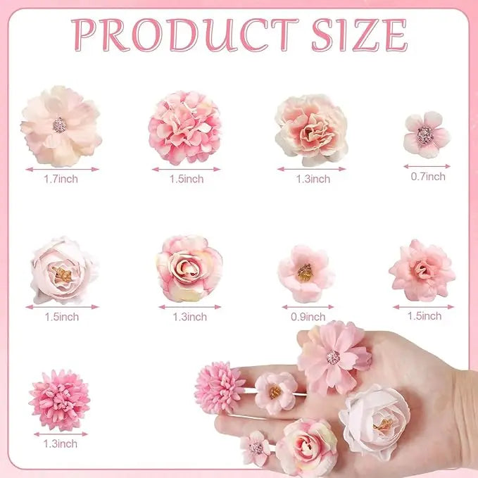 Various sizes of pink silk artificial flower heads displayed for crafts and decor.