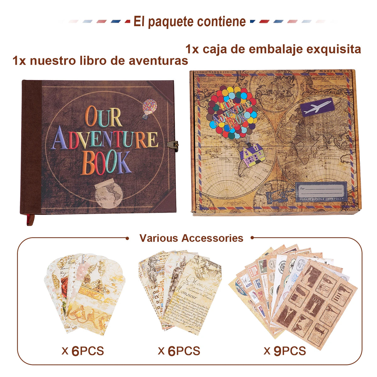 A set of vintage DIY scrapbook photo albums including a book of adventures, various accessories, and packaging box.