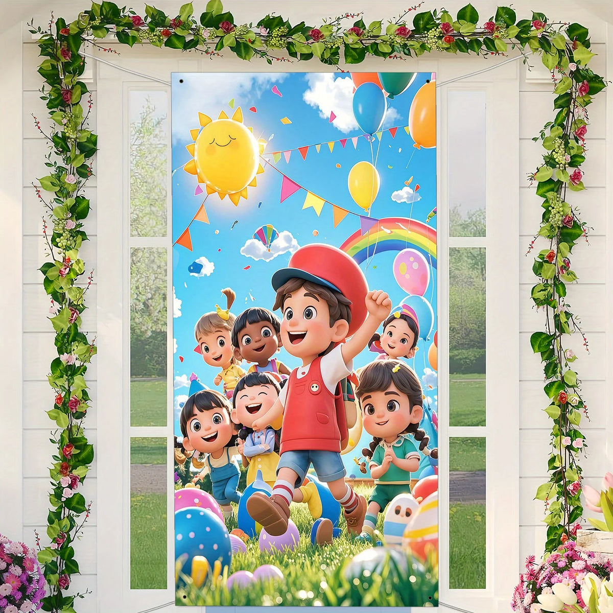 A colorful banner featuring Disney characters like Simba and others against a bright sky and flowers.