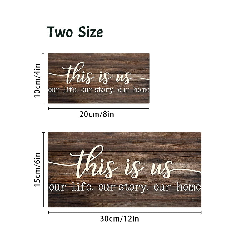 Two rustic wooden wall signs featuring the phrase This is us our life our story our home in different sizes