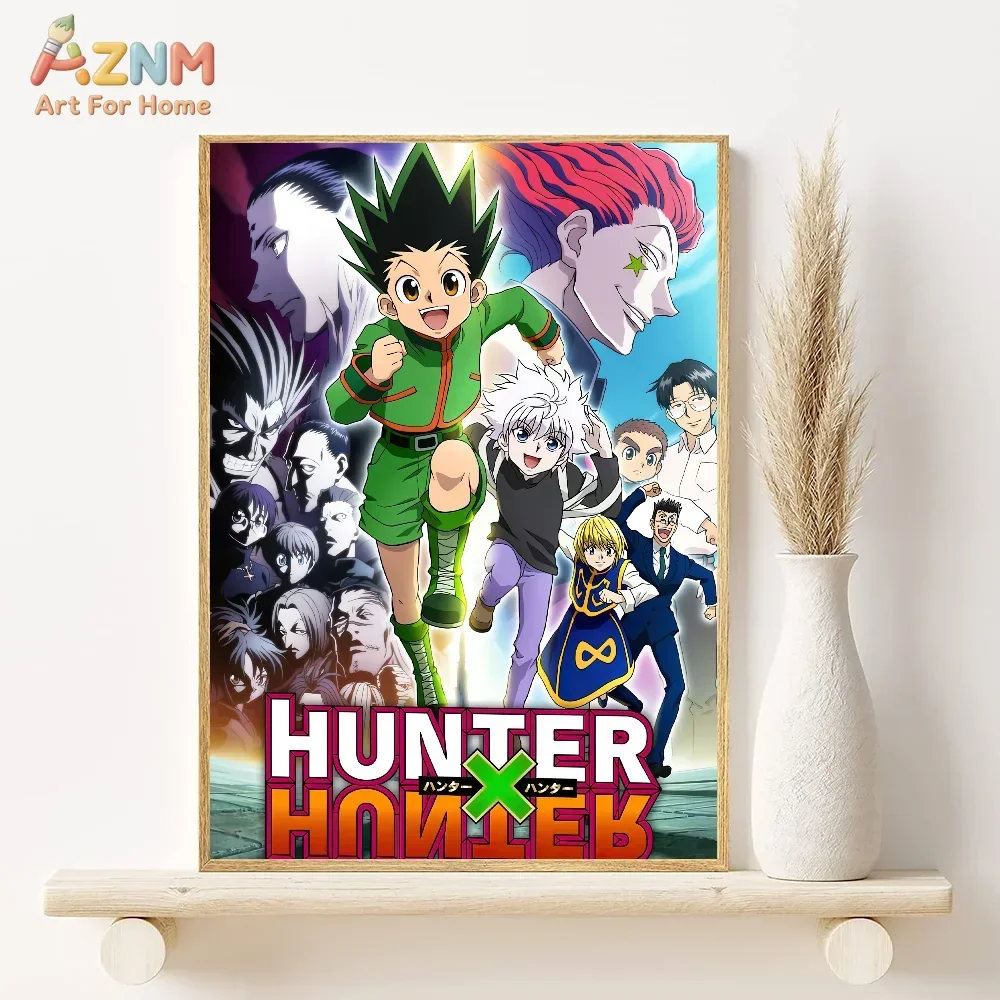 Canvas wall art featuring characters from Hunter x Hunter including Gon, Killua, and Hisoka