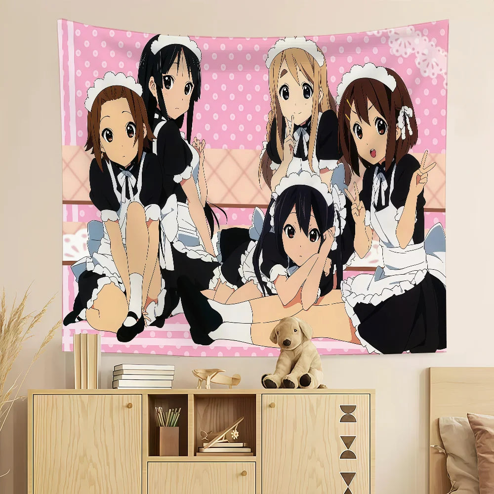 A pink and white anime flag tapestry featuring four characters from K-On! in a cute style.