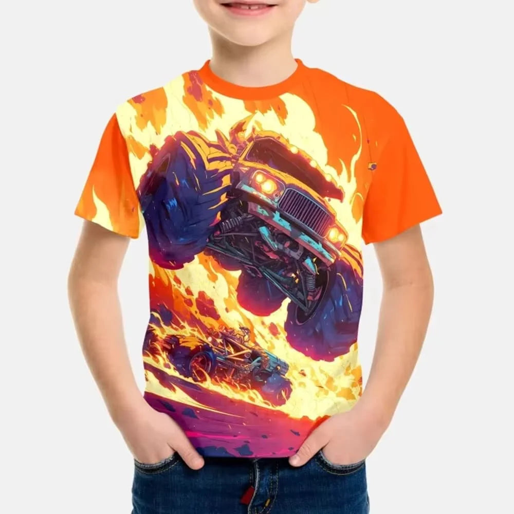 A young boy wearing an orange t-shirt with a full graphic print of the Monster Jam Grave Digger vehicle in yellow and purple 