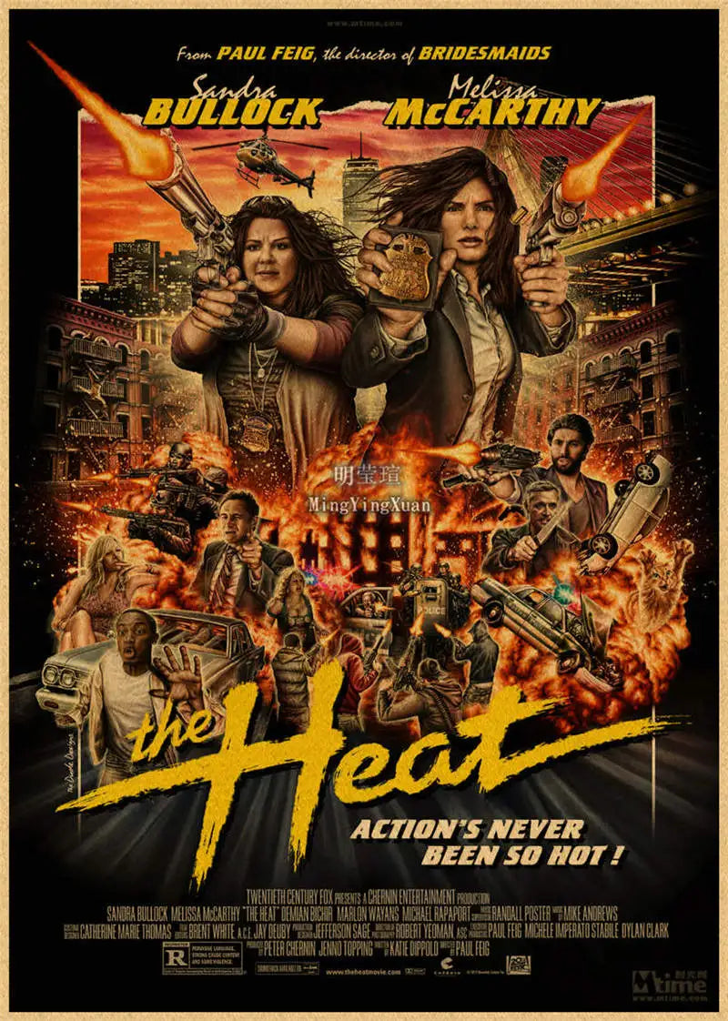 Movie poster for The Heat featuring Sandra Bullock and Melissa McCarthy in an action scene