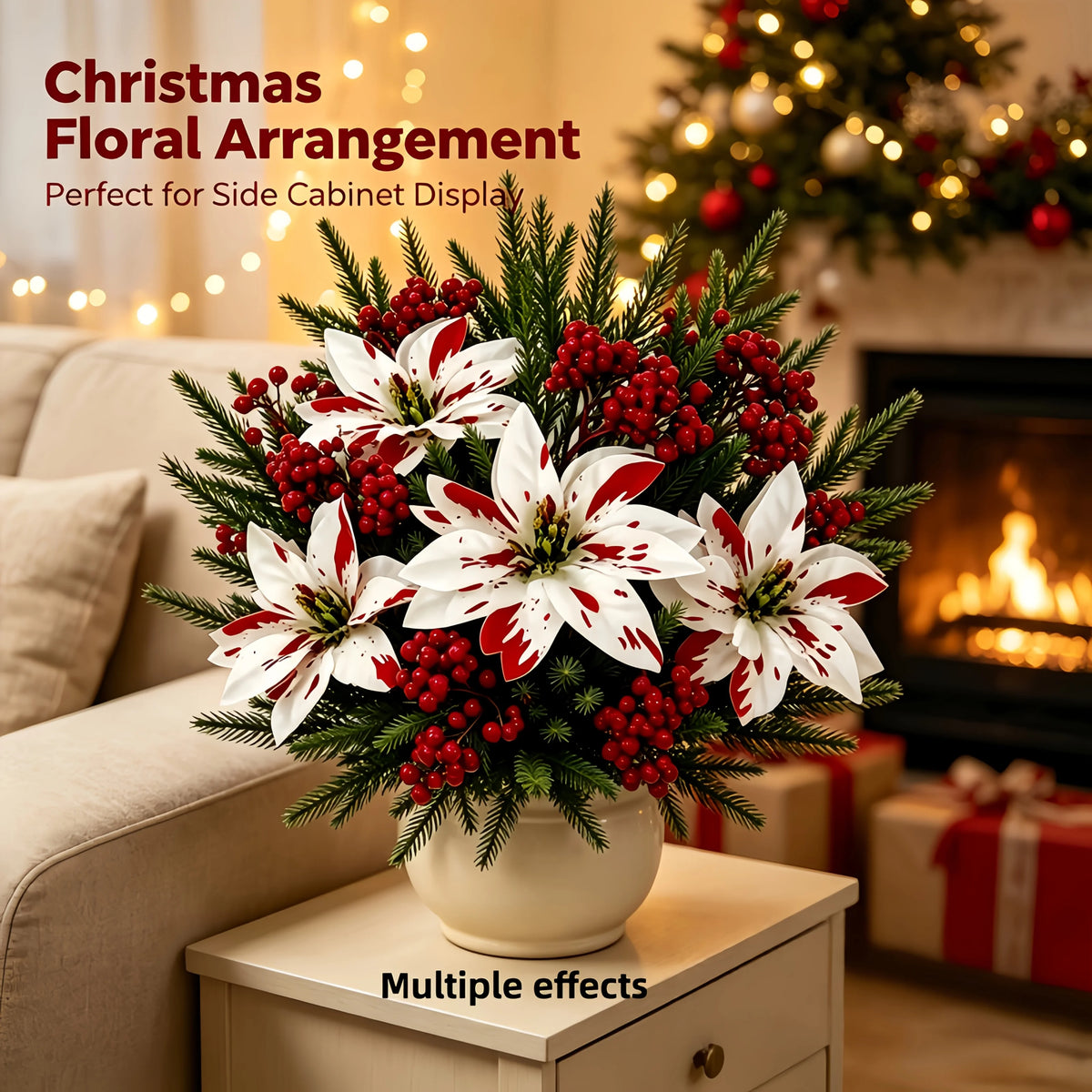 Christmas floral arrangement featuring red and white flowers and greenery displayed on a cabinet.