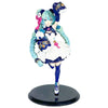 A PVC collectible figurine of Hatsune Miku in a blue and white outfit with pink hair, holding a sword.
