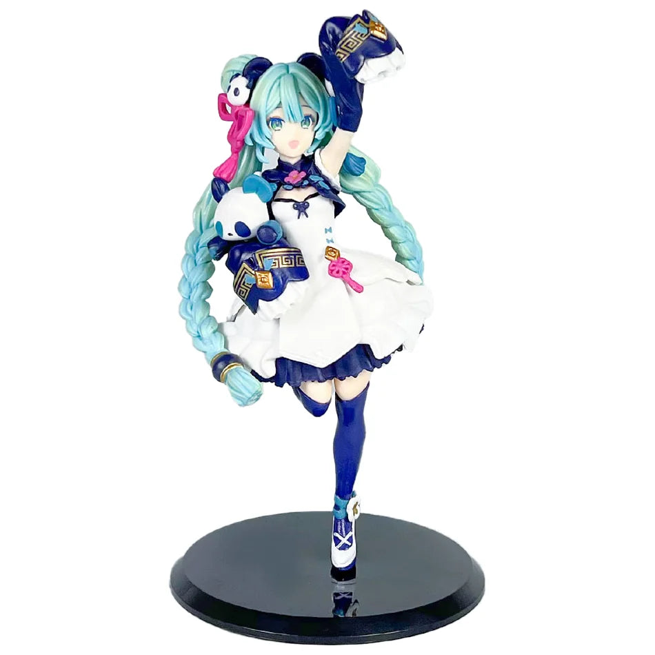 A PVC collectible figurine of Hatsune Miku in a blue and white outfit with pink hair, holding a sword.