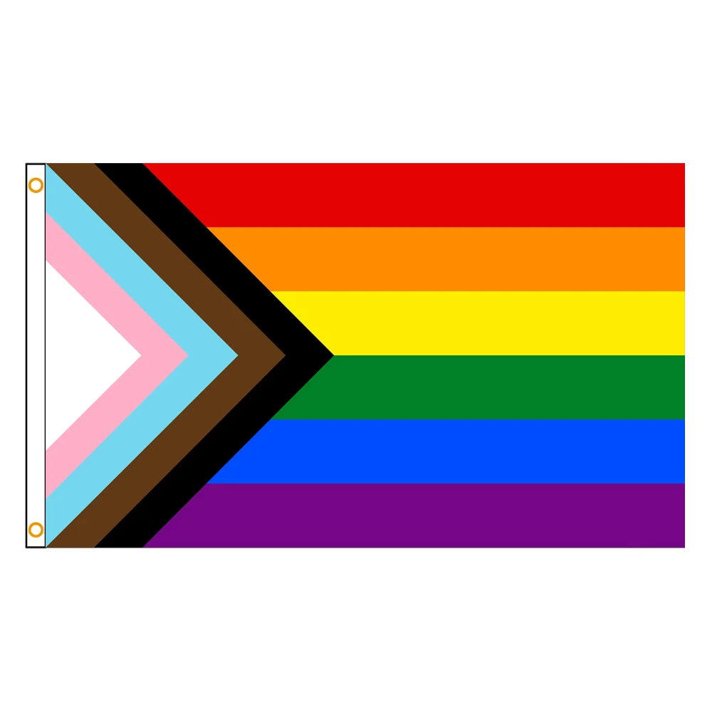 Un design de drapeau horizontal avec les rayures du drapeau Pride à six couleurs et un motif en chevron.