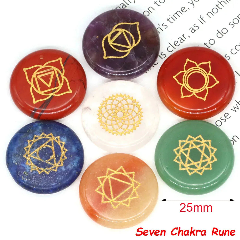 Seven Chakra Rune healing crystal set featuring various colored stones with geometric patterns