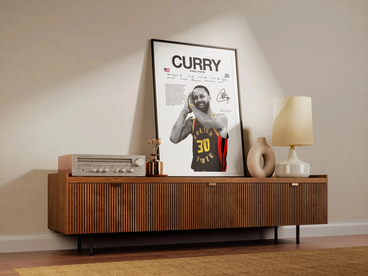 A framed canvas wall art featuring a portrait of a basketball player, Curry, with text and signature details.