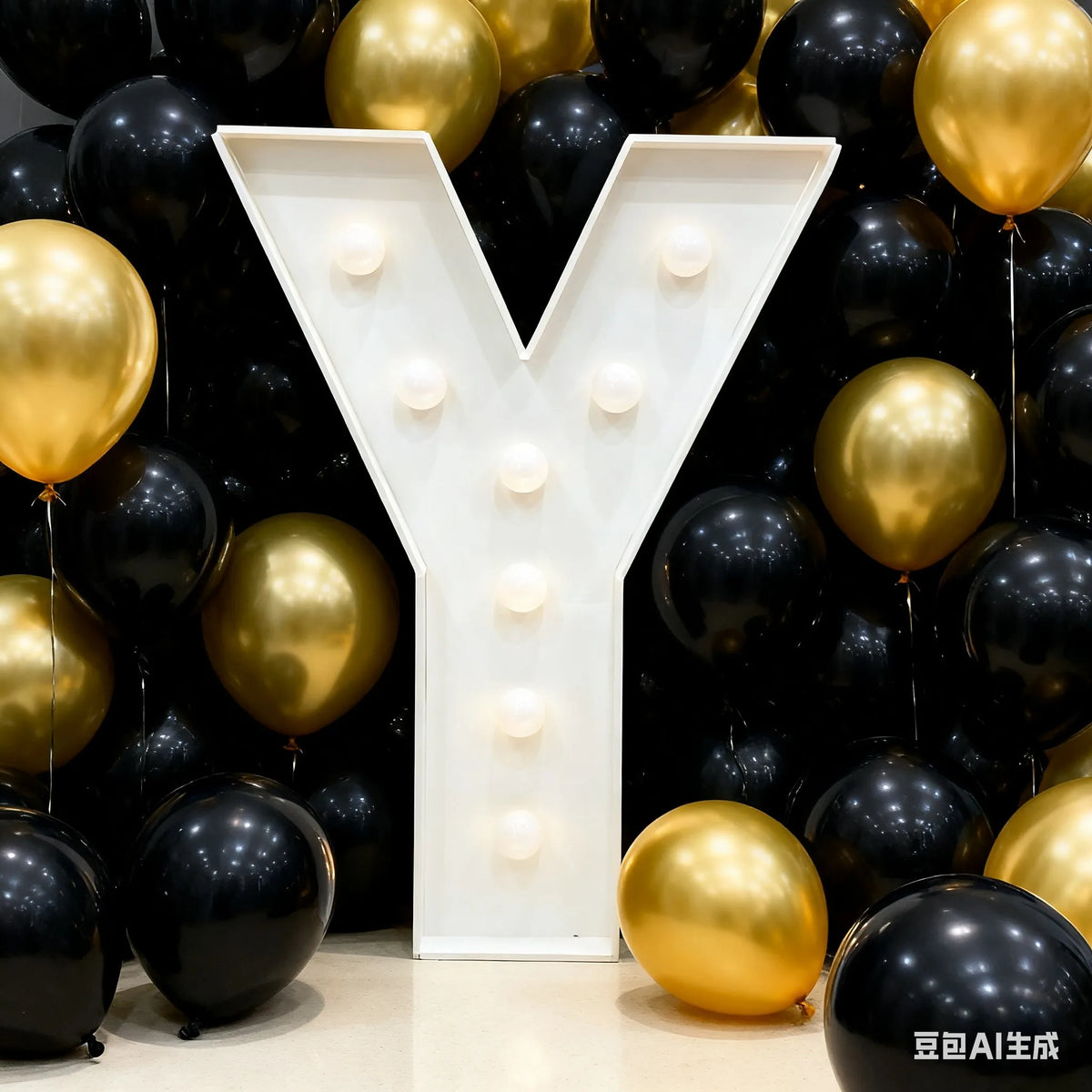 A large white marquee letter Y made of balloons in gold and black for party decor