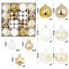 A collection of festive Christmas ornaments featuring various designs including gold, white, and silver finishes with snowfla