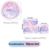 A set of K-Pop themed pink and purple party supplies including plates and paper napkins.