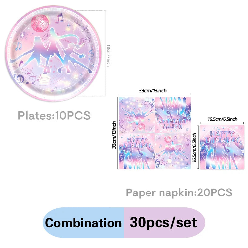 A set of K-Pop themed pink and purple party supplies including plates and paper napkins.