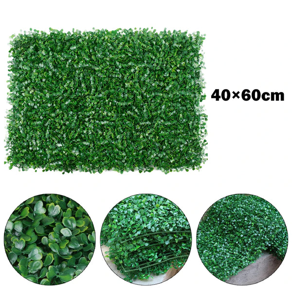 A rectangular panel of dense green artificial grass hedge material, shown with close-ups of the texture and foliage.