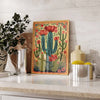 A vertical poster featuring a colorful vintage cactus and floral design on a light background.