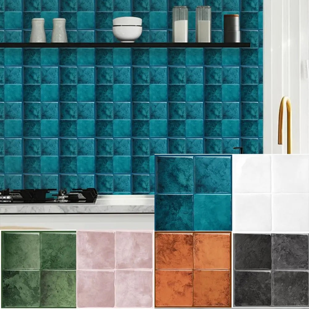 A kitchen backsplash featuring a teal tile wall and a countertop with various colored marble tiles.