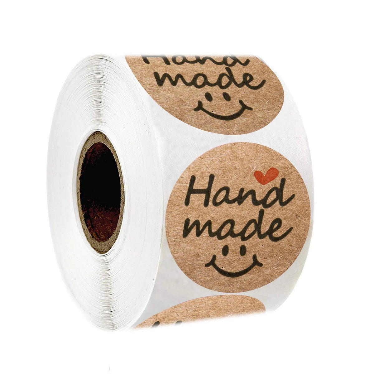 Roll of kraft paper thank you stickers with hand made text and smiley face designs